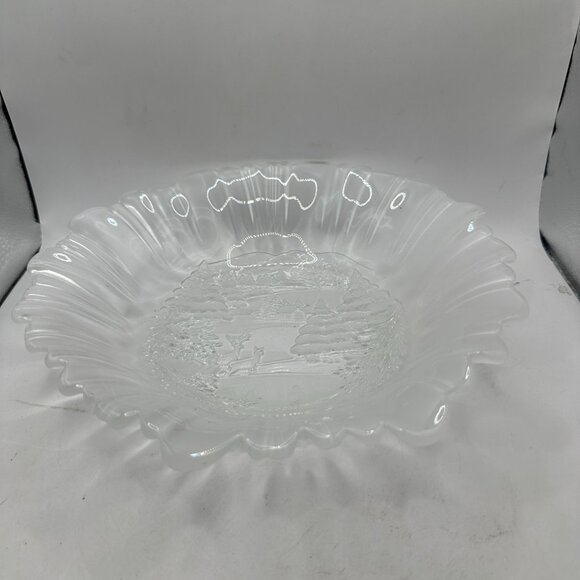 Mikasa Crystal Serving Bowl Winter Dreams Satin Frosted Glass Etched Scene VNTG - Picture 1 of 4
